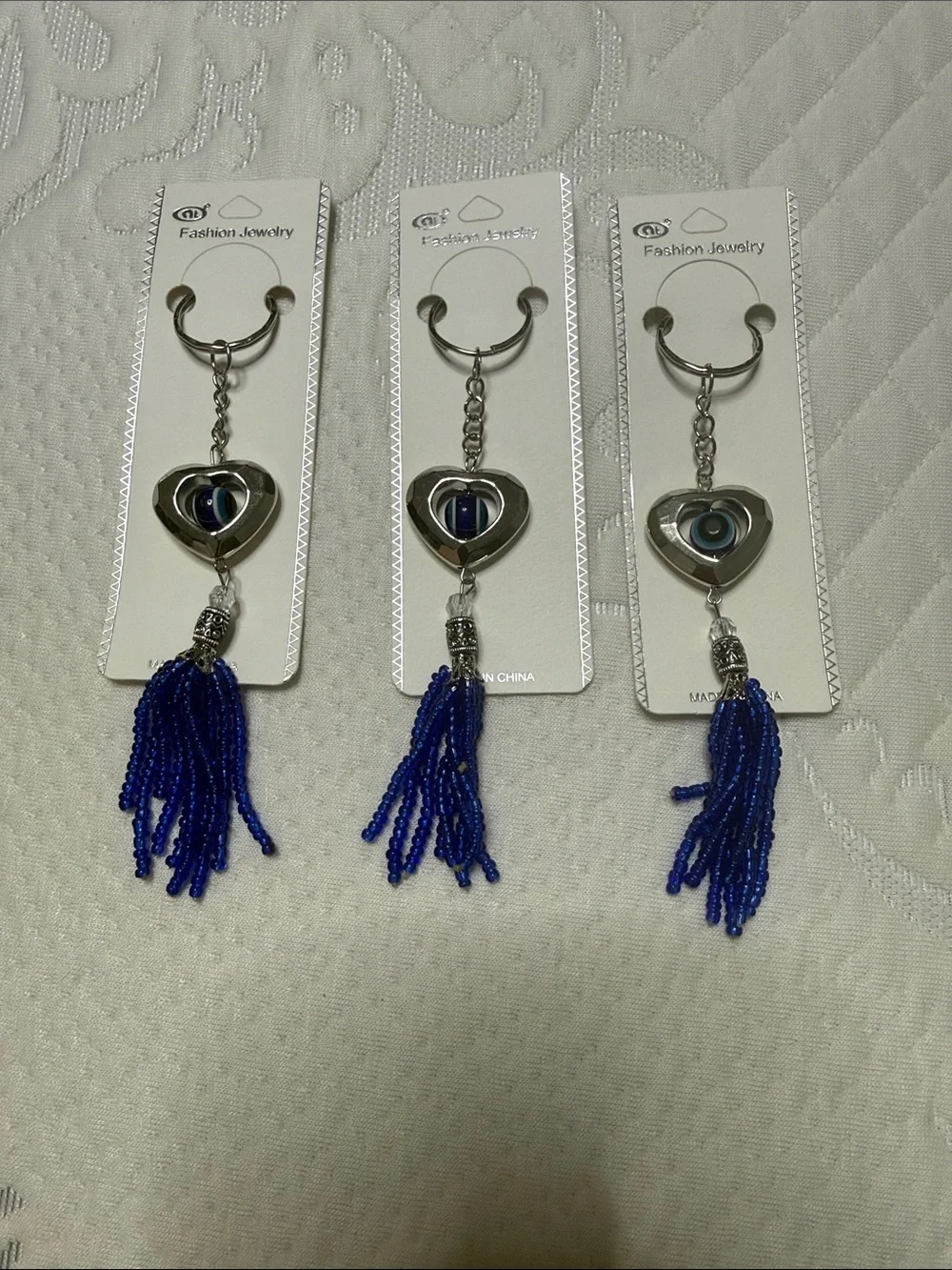 Set of 12 Pieces Jewelry Silver Heart Evil Eye Keychain with Blue Beaded Tassel